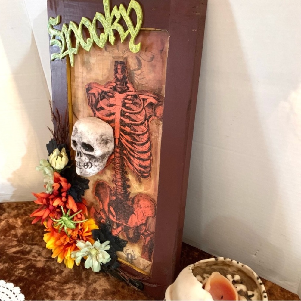 "Spooky" skeleton wall art with floral accents. - Picture 6 of 9